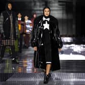 Library image of Irina Shayk wearing a black leather coat during the Burberry London Fashion Week