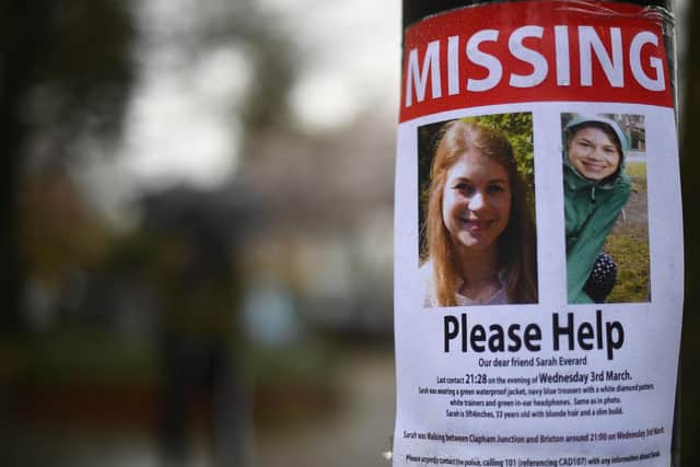 A missing sign outside Poynders Court on the A205 in Clapham, during the continuing search for Sarah Everard. Photo: PA