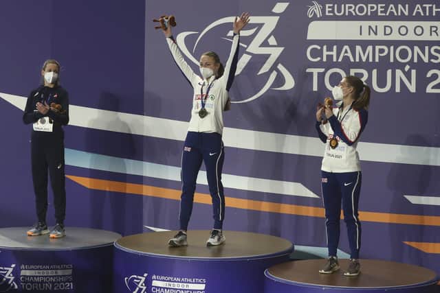 CROWNING GLORY: Gold medallist Britains Amy-Eloise Markovc celebrates winning the women's 3000 meters at the Poland European Indoor Athletics Championships in Torun. Picture: AP/Czarek Sokolowski.