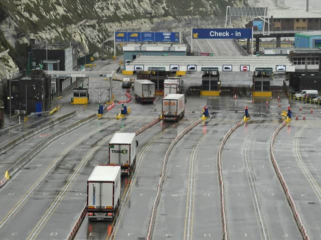 Lorries prepare to embark on a ferry at the Port of Dover following Britain's departure from the European Union. Photo by GLYN KIRK/AFP via Getty Images