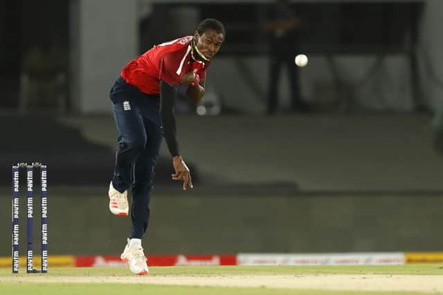 Jofra Archer impressed for England in Ahmedabad against India, finishing with figures of 2-23 from his four overs. Picture:  Saikat Das / Sportzpics for BCCI (via ECB)