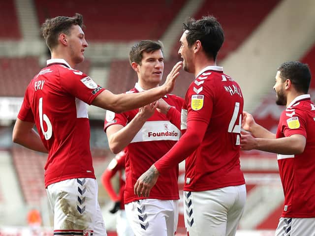 Boro celebrate Grant Hall's first-half opener against Stoke City. Pictures: Getty Images