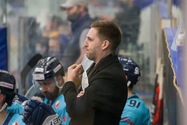 Sheffield Steeldogs' head coach Greg Wood, on the bench during last Saturday's 7-0 win over Bees at Ice Sheffield. Picture courtesy of Andy Bourke/Podium Prints.