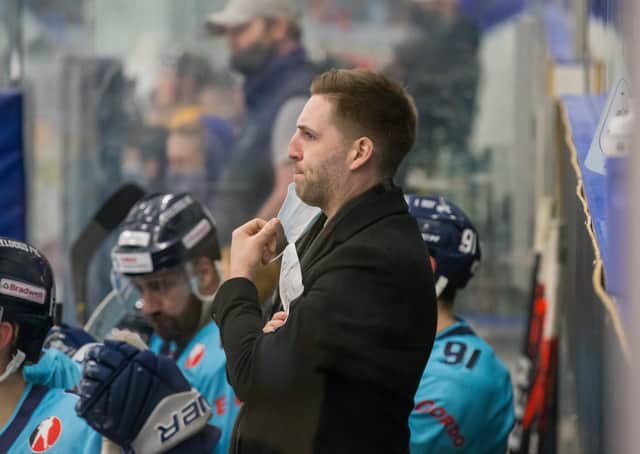 Sheffield Steeldogs' head coach Greg Wood, on the bench during last Saturday's 7-0 win over Bees at Ice Sheffield. Picture courtesy of Andy Bourke/Podium Prints.