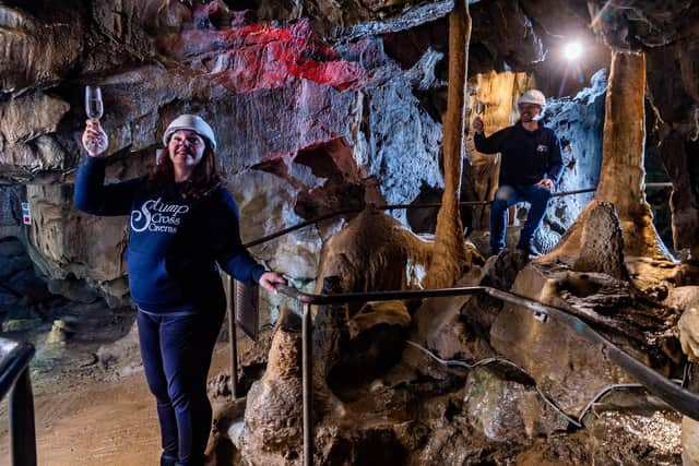 Lisa Bowerman, owner of Stumps Cross Caverns, with her partner Nick Markham, celebrating the news. Image: James Hardisty