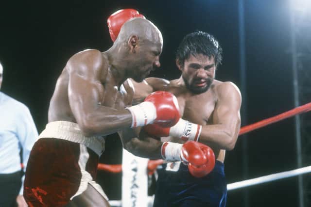 ENDURANCE: Roberto Duran and Marvin Hagler battle for the WBA, WBC and IBF middleweight titles in November 1983 at Caesars Palace - Hagler won the fight in 15 rounds on a unanimous decision. Picture: Focus on Sport/Getty Images