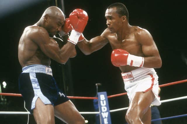 END GAME: Sugar Ray Leonard, right, and Marvin Hagler fight for the WBC and Ring Middleweight titles in April 1987 at Caesars Palace in Las Vegas. Leonard won the fight in 12 rounds on a split decision. Picture: Focus on Sport/Getty Images