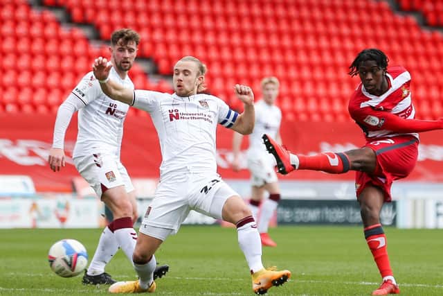 Doncaster Rovers' Taylor Richards shoots towards goal during the League One clash with Northampton at the Keepmoat Stadium. Picture: Isaac Parkin/PA