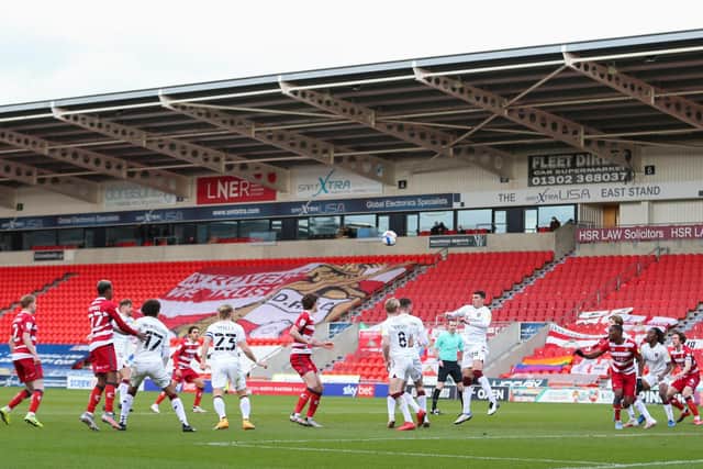 SPOT THE BALL: Goalmouth action between Doncaster Rovers and Northampton Town at the Keepmoat Stadium. Picture: Isaac Parkin/PA
