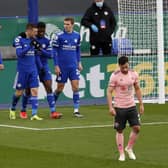 BEATEN: George Baldock trudges away as Leicester City celebrate their fifth goal