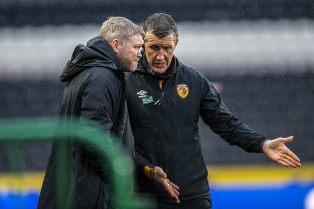 PLAY IT COOL: Hull City manager Grant McCann with assistant Cliff Byrne on the touchline at the KCOM Stadium on Saturday.  Picture: Tony Johnson
