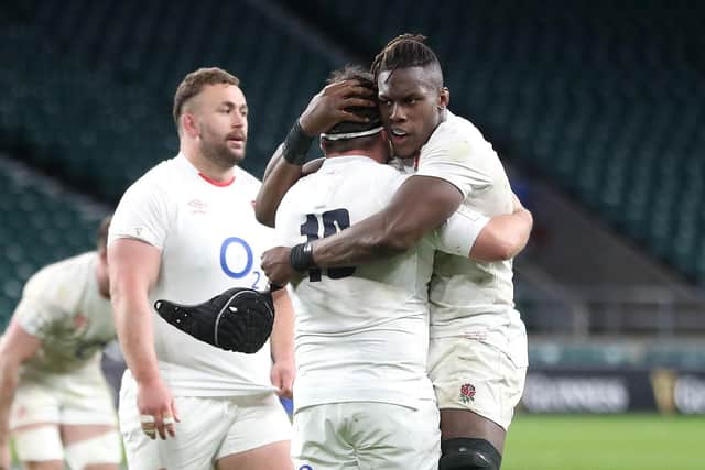 England's Maro Itoje (right) and Jamie George celebrate at the final whistle at Twickenham. Picture: David Davies/PA