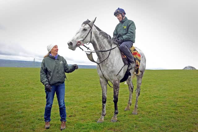 Trainer Sue Smith on the gallops with Vintage Clouds who lines up at Cheltenham today.