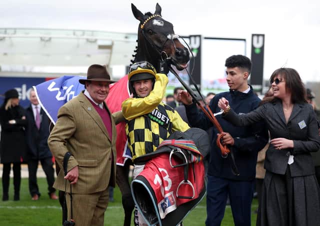 This is Nicky Henderson (left) celebrating last year's Supreme Novices' Hurdle win of Shishkin who puts his unbeaten record on the line in the Arkle Trophy.