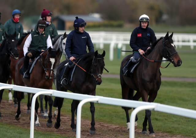 Ruby Walsh aboard Saint Sam (centre) and Paul Townend aboard Appreciate It (right) on the gallops at Cheltenham Racecourse ahead of the Cheltenham Festival  (Picture: PA)