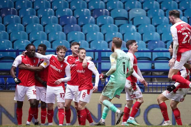 BACK IN THE GAME: Rotherham's players celebrate during their win at Sheffield Wednesday on March 3 - their last match. Picture: Zac Goodwin/PA