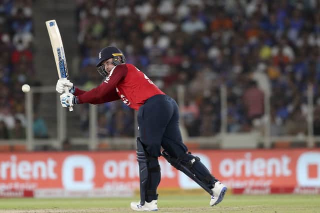 England's Jason Roy flicks one through mid-wicket during the second Twenty20 International against India in Ahmedabad. Picture: AP/Aijaz Rahi.