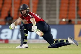 Career best: England's Jos Buttler on his way to a T20i high score of 83 not out in the win over India. (AP Photo/Aijaz Rahi)