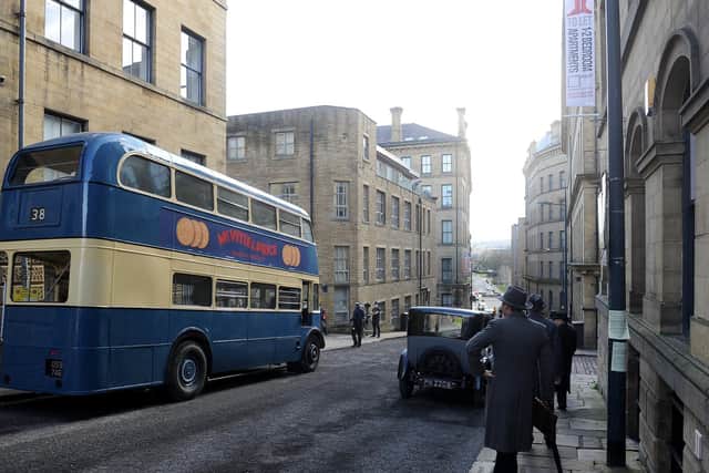 Little Germany in Bradford has been transported more than 80 years into the past with the arrival of a blue Routemaster bus, plastered with an advert for McVities and Price biscuits. Photo credit: Simon Hulme/JPIMediaResell