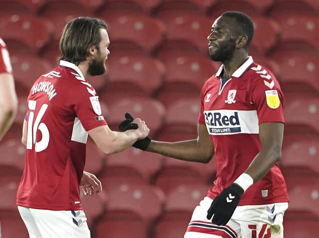 Middlesbrough midfielder Jonathan Howson and winger Yannick Bolaise celebrate the hosts' opener against Preston. Picture: PA.