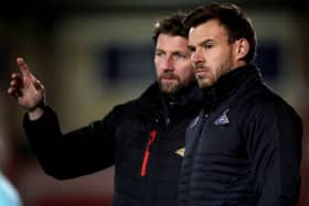 Doncaster Rovers interim manager Andy Butler (right) and goalkeeping coach Paul Gerrard.