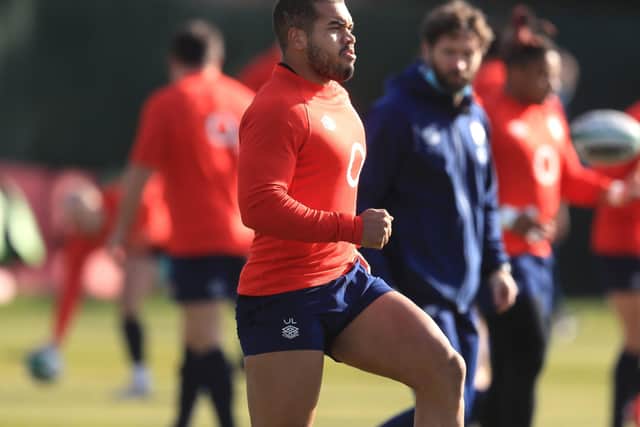 England's Ollie Lawrence during a training session at The Lensbury Hotel, Teddington, on Wednesday. The centre is on standby to replace Henry Slade who is nursing a slight niggle. Picture: Adam Davy/PA Wire.