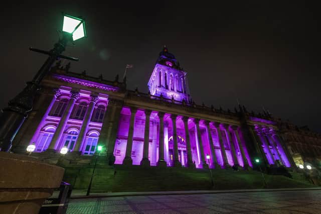 Leeds Town Hall in Leeds is illuminated purple by the Office for National Statistics to mark Census Day 2021