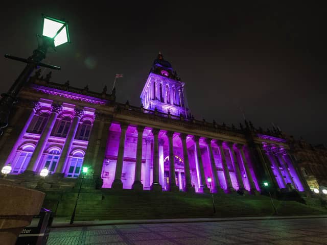 Leeds Town Hall in Leeds is illuminated purple by the Office for National Statistics to mark Census Day 2021