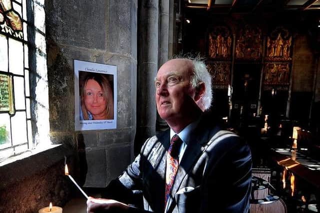 Peter Lawrence, the father of Claudia Lawrence, who went missing in York in 2009, is pictured reflecting on 2,000 days without his daughter in 2014. Mr Lawrence lit a candle for his daughter in the Chapel of Paulinus of York and Hilda of Whitby at Bishopthorpe Palace on the outskirts of York.