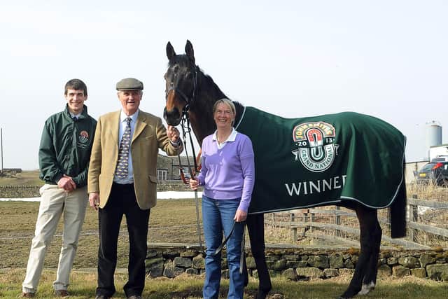 This was Sue and Harvey Smith, plus jockey Ryan Mania, after Auroras Encore won the 2013 Grand National for Yorkshire.
