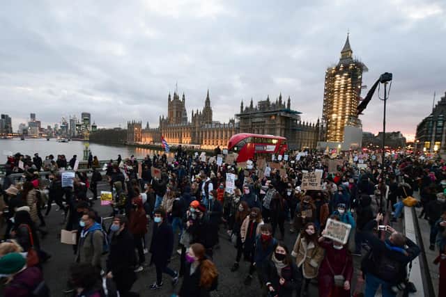 Demonstrators during a Reclaim the Streets protest on Westminster Bridge, central London, in memory of Sarah Everard who went missing while walking home from a friend's flat on March 3