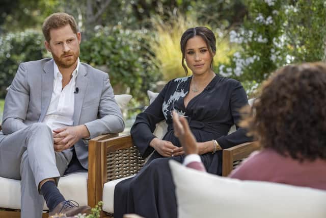 The Duke and Duchess of Sussex during their interview with Oprah Winfrey.
