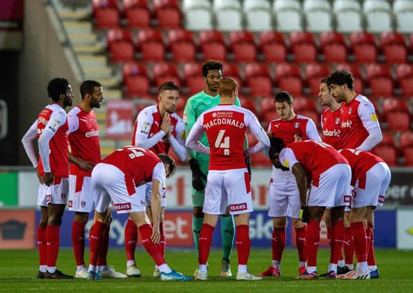 Pre-match huddle: 
Rotherham United players ahead of Watford   Picture: Bruce Rollinson