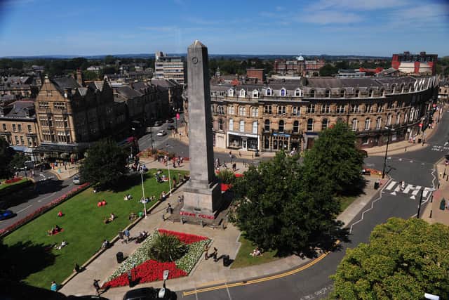 Harrogate's vibrant town centre radiates from its striking War Memorial. 
Picture taken August 2020 by Gerard Binks.