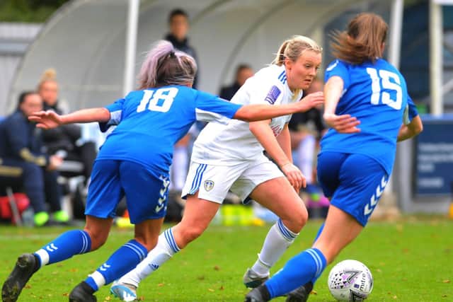 Leeds United’s Rebecca Hunt takes on Durham duo Dannika Purdham and Grace Ayre (Picture: Steve Riding)