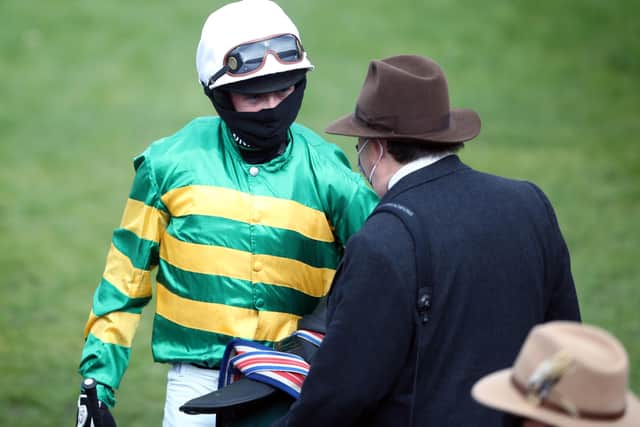 Nico de Boinville with trainer Nicky Henderson after winning aboard Chantry House in the Marsh Novices' Chase.