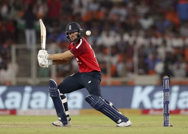 England's Dawid Malan, bats during the first Twenty20 cricket match between India and England in Ahmedabad, India, Friday, March 12, 2021. (AP Photo/Aijaz Rahi)