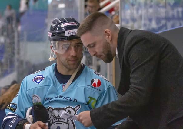 WORKING TOGETHER: Greg Wood - Sheffield Steeldogs head coach, right, - and former player-coach and defenceman, Ben Morgan 

Picture courtesy of Peter Best.
