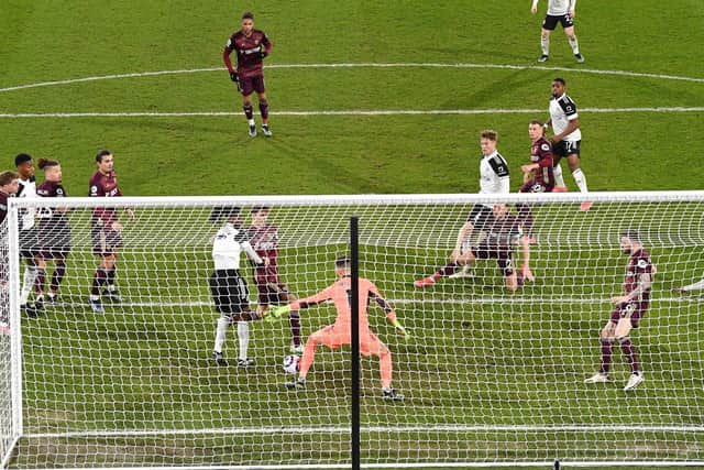 CONFUSION: Joachim Andersen (third Fulham player from the left) scores to put Leeds United through a difficult period