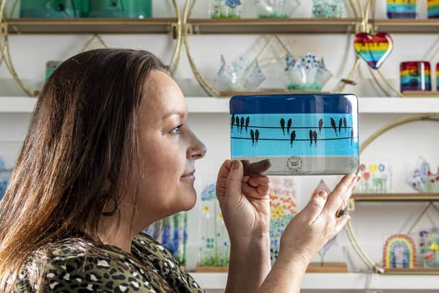 Kate Emma Park with her decorative glassware made in her studio in Farsley. Her company Twice Fired has moved online during the coronavirus pandemic. Picture Tony Johnson