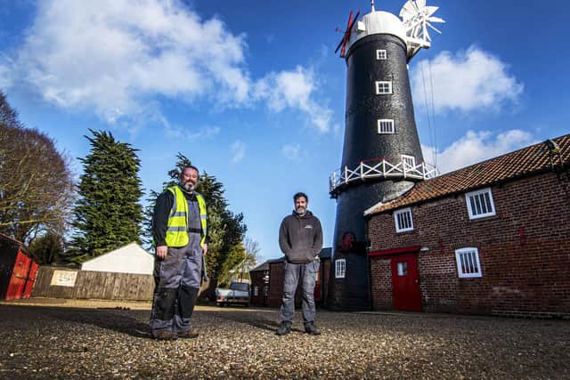 Millwrights Jon McGuinness and Steve Boulton at Skidby Mill near Hull which is 200 years old and is undergoing a restoration project.