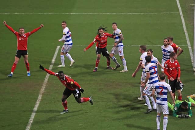 Barnsley's Daryl Dike (10) celebrates scoring their side's first goal at QPR (Picture: PA)