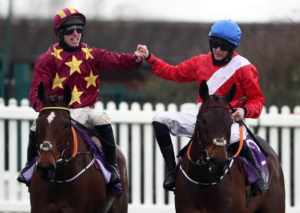 Jack Kennedy and Minella Indo (left) are congratulated by Rachael Blackmore on A Plus Tard after a Henry de Bromhead one-two in the WellChild Gold Cup.