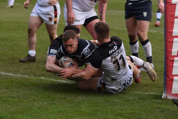 Unstoppable: Connor Jones of Featherstone Rovers goes over the line in the Betfred Challenge Cup win against Bradford Bulls.
Picture: Dec Hayes Photography/Featherstone Rovers.