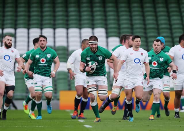 Motoring: Iain Henderson of Ireland makes a break during the win over England in Dublin. (Photo by Niall Carson - Pool/Getty Images)