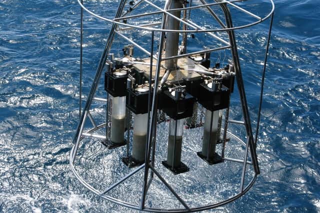 Pictured, the underwater device the research team used to sediment samples at water depths ranging from 60m (196ft) down to 5km (3.1 miles). Submitted picture