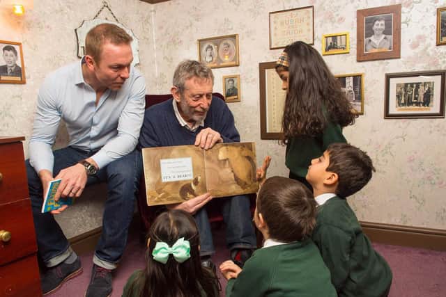 Michael Rosen with Sir Chris Hoy on World Book Day in 2016.