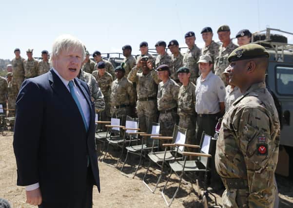 Then-Foreign Secretary Boris Johnson at the British Army Training Unit Kenya (BATUK), in 2017. (Thomas Mukoya/Pool via AP)