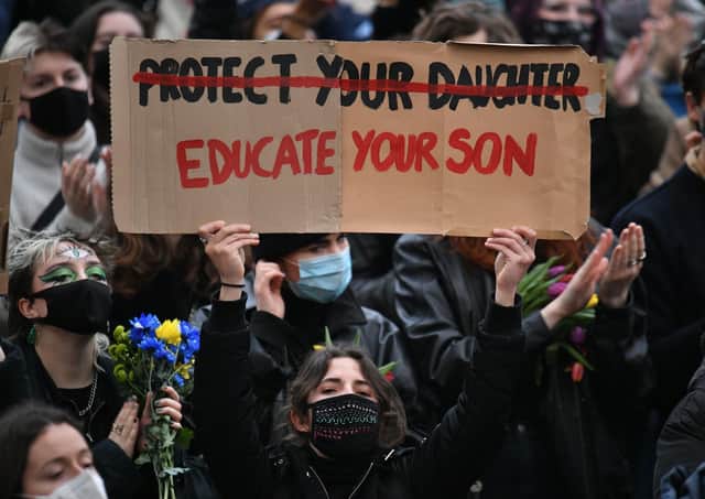 Demonstrators during a Reclaim the Streets protest, Parliament Square, central London, in memory of Sarah Everard. Picture: Dominic Lipinski/PA Wire