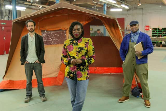Saved and Remade episode two sees contributor, Ed (L) and the tent he wants to be transformed; presenter Sabrina Grant, and Jason Stocks-Young. (C) Red Sky Productions Ltd - Photographer: Scott Anderson